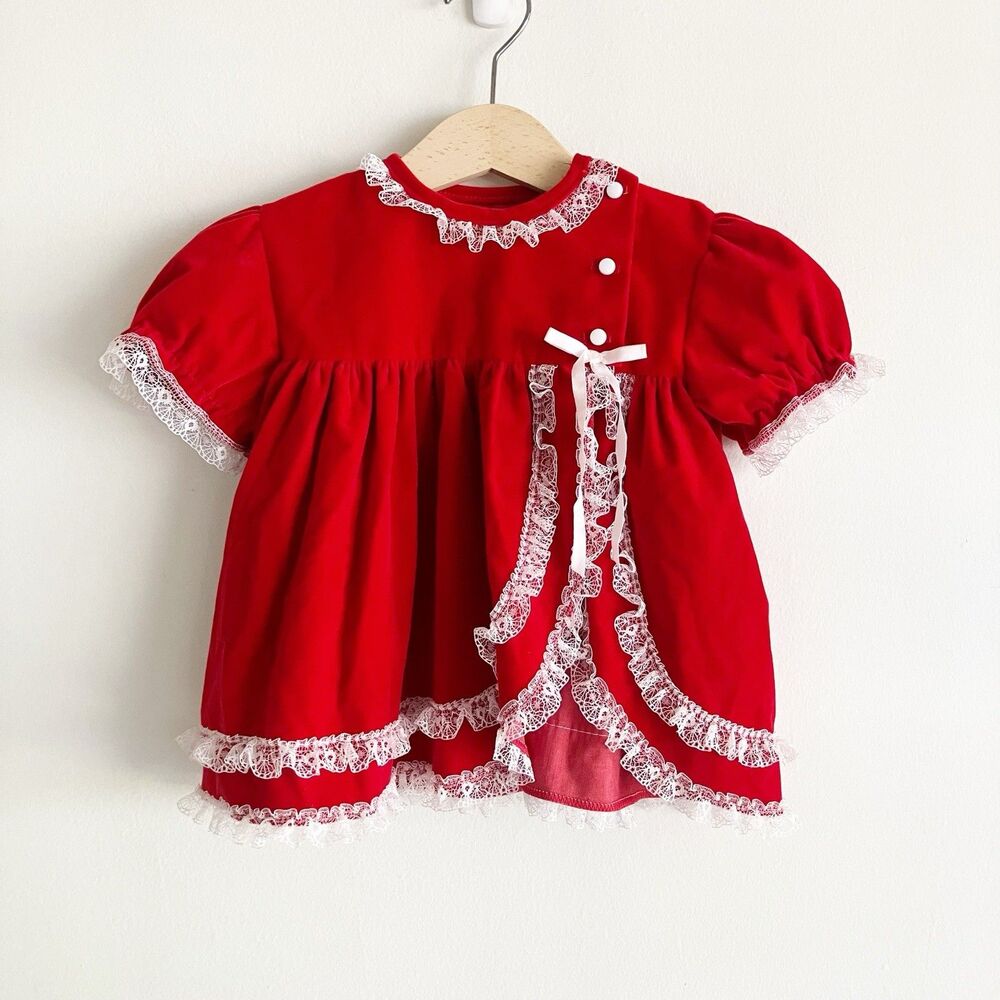 VTG 1990s Cutest One Dress Size 24M Red Lace USA Faux Velvet Revival Victorian